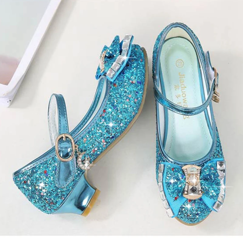 leather girl in boots Princess Kids Leather Shoes for Girls Flower Casual Glitter Children High Heel Girls Shoes Butterfly Knot Blue Pink Silver extra wide children's shoes