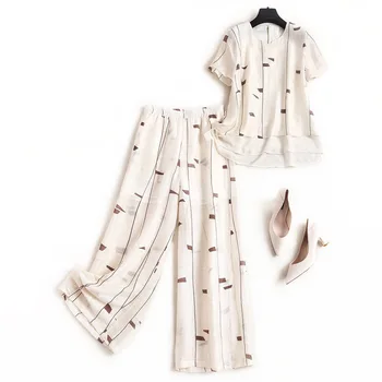 

Women linen top and pant set summer 2020 short sleeve V-neck geometric print blouses wide leg pants lounge wear two piece