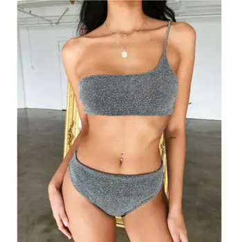 

2020 HOT Women Shiny Sequined One Shoulder Bandage Gold Bikini Set Padded Push Up Bra Swimsuit Bathing Beachwear Swimwear Summer