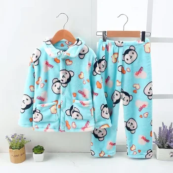 

Children's Pajamas Flannel Autumn Winter Long-sleeved Lapel kid 2 pcs set Coral Fleece Thickened Girls Boys Baby Home Clothing