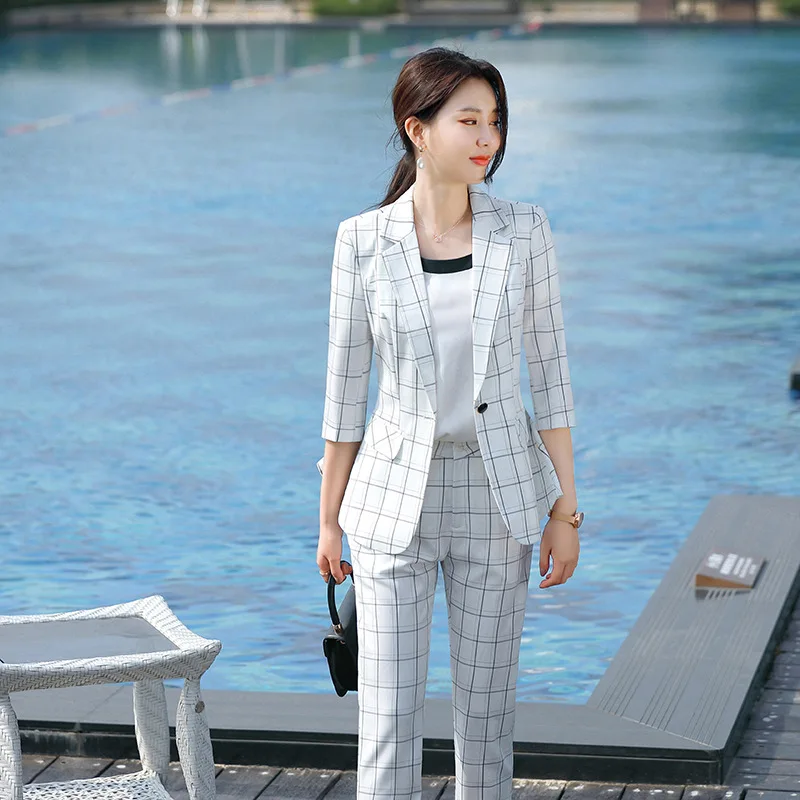2020 Summer Office Formal Pants Suit Women Half Sleeve Blazer and Pants Set for Women Black White Plaid 2 Piece Pantsuit Elegant