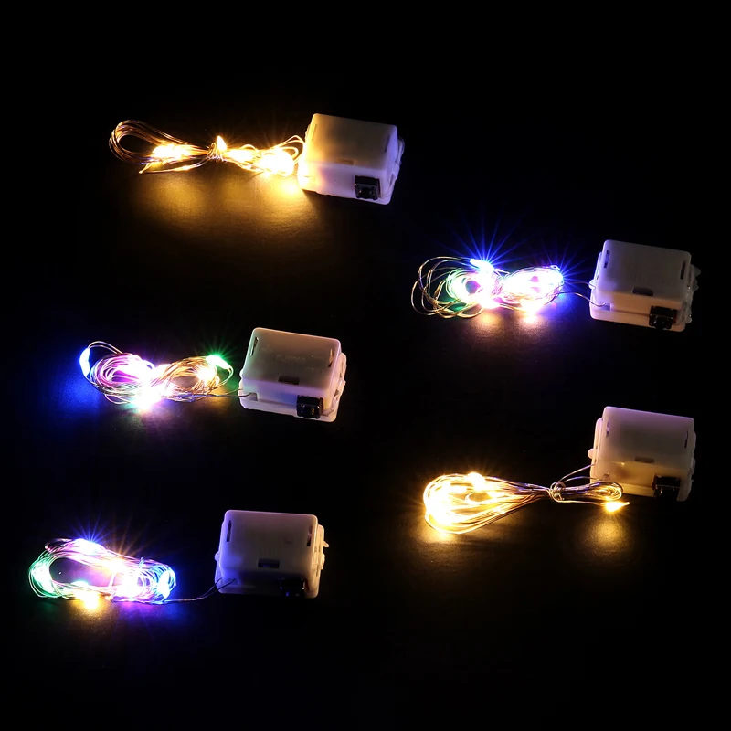10 배 포함 배터리 3 모드 1M 2M LED 스트링 라이트, 휴일 조명 패어리 화환 크리스마스 트리 웨딩 파티 장식