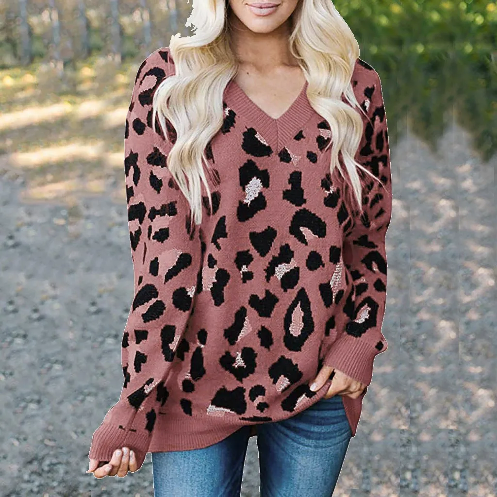 Jaycosin Fashion Casual Lady Leopard Sweater Chic Stylish Comfortable Soft Elegant Loose V-Neck Fit Tops Blouse sweater
