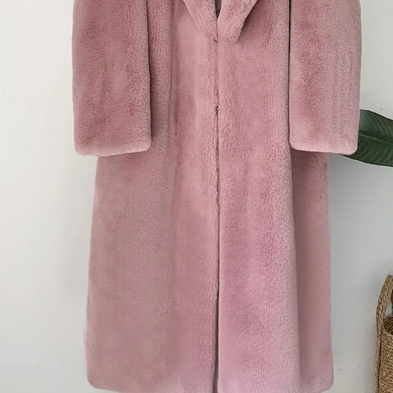 Deep pink Кукольный воротник, зимнее пальто, женская толстая меховая парка, плюс размер, свободная юбка, дизайн, искусственный мех, куртка средней длины, теплое меховое пальто для женщин - Color: Deep pink