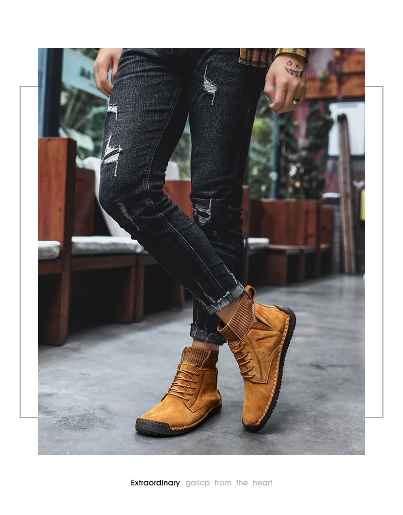 Spring Men boots high-top casual shoes outdoor leather sneakers Motorcycle Boots lace-up street shoes non-slip Plush size 39-48