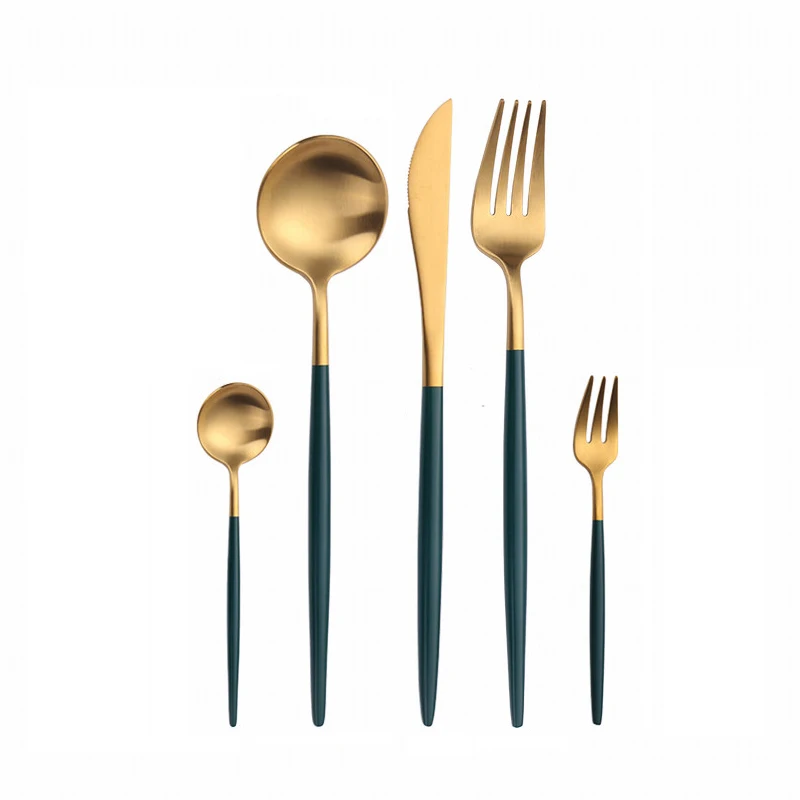 

5 Pcs Gold Dinnerware Set 18/10 Stainless Steel Green Flatware Set Tableware Knife Salad Fork Spoon Teaspoon Matte Cutlery Set