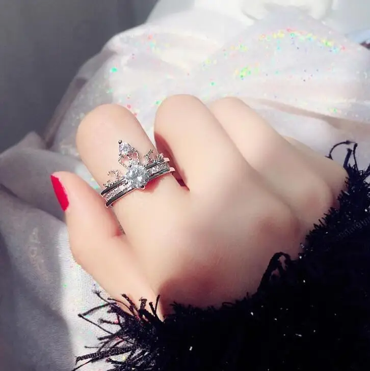 

Fashion jewelry Silver and Gold women rings Crystal stone Wedding Ring opening adjustable Party Gift for girl Crown two-in-one