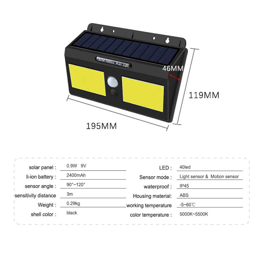 20 40 80 100 светодиодный s солнечный светильник наружный настенный светильник PIR датчик движения светодиодный светильник для крыльца IP65 для садового забора умный светильник безопасности ing - Испускаемый цвет: 2 COB