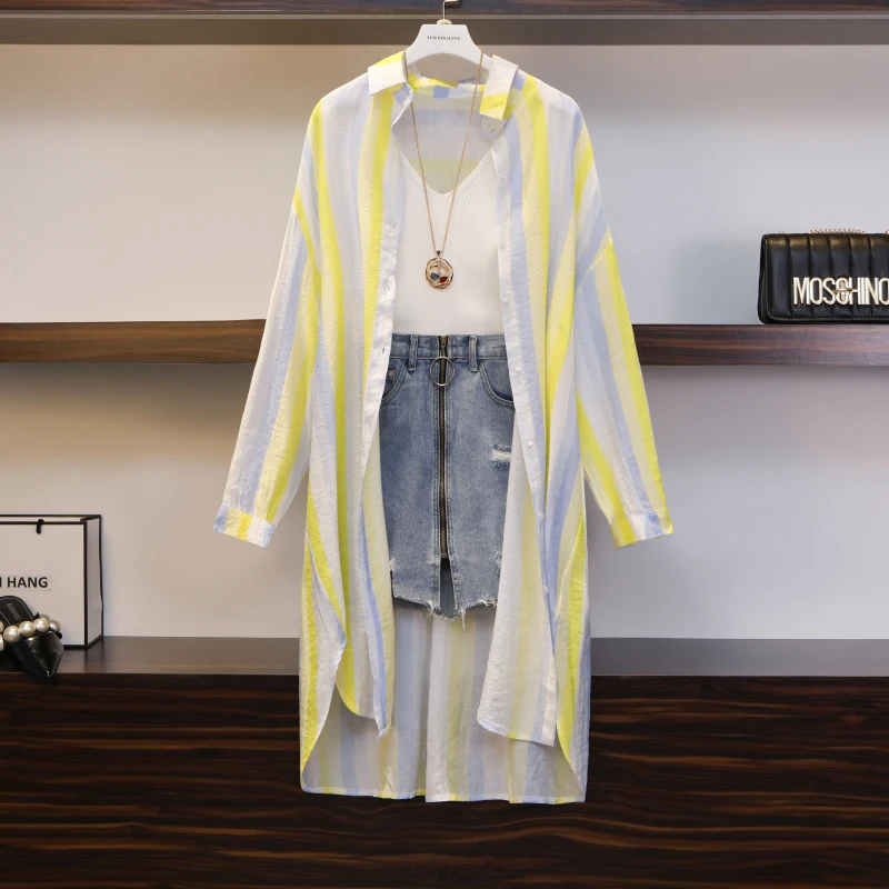 Женская одежда размера плюс, радужные Полосатые блузки, платье, камзол+ рваные джинсовые юбки, комплекты из 3 предметов, летние костюмы 5XL