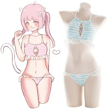 

2Pcs Cute & Sexy Anime Cosplay Striped Otaku Lingerie Set Lolita Girly Underwear Chiffon Ruffle Intimates Camisole & Pants Set