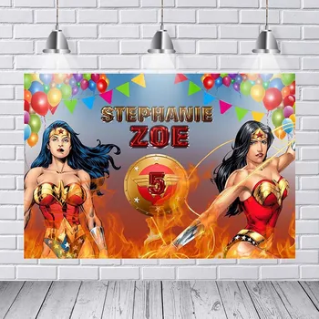

Powerful Wonder Women Photography Backdrop Colorful Balloons Girls Birthday Party Backgrounds for Photo Studio 7x5FT