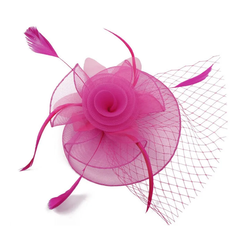 New Women Elegant Wedding Party Hat Fascinator Mesh Ribbons Feathers flowewr Hat pamelas y tocados para bodas - Цвет: Hot Pink