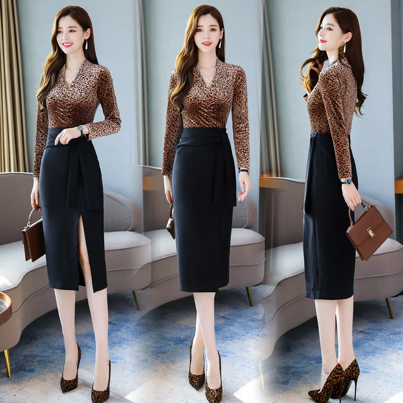 

2019 Autumn Women two pieces suits office lady V-neck velvet shirt and split skirt sets