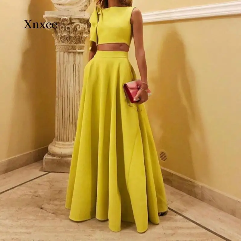 Blusa corta con un hombro y falda larga para mujer, de dos piezas traje  elegante, Color amarillo sólido, Otoño, 2021 - AliExpress Ropa de mujer