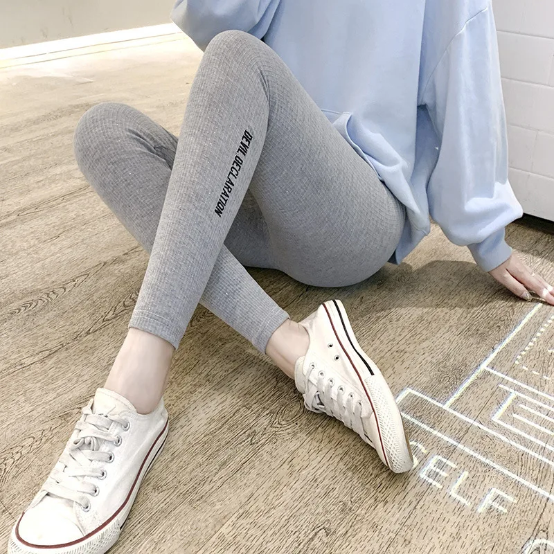 

Online Celebrity-High-waisted Elasticity Gray Leggings Women's Outer Wear 2019 Versatile New Style Slimming Vertical Striped plu