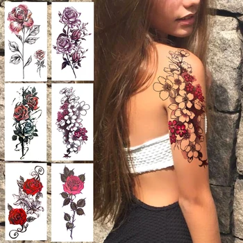 

Cherry Bloosom Fake Temporary Tattoo For Kids Women Girl Watercolor Rose Flower Tattoos Plum Flora Branch Chest Back Tatoo Paper