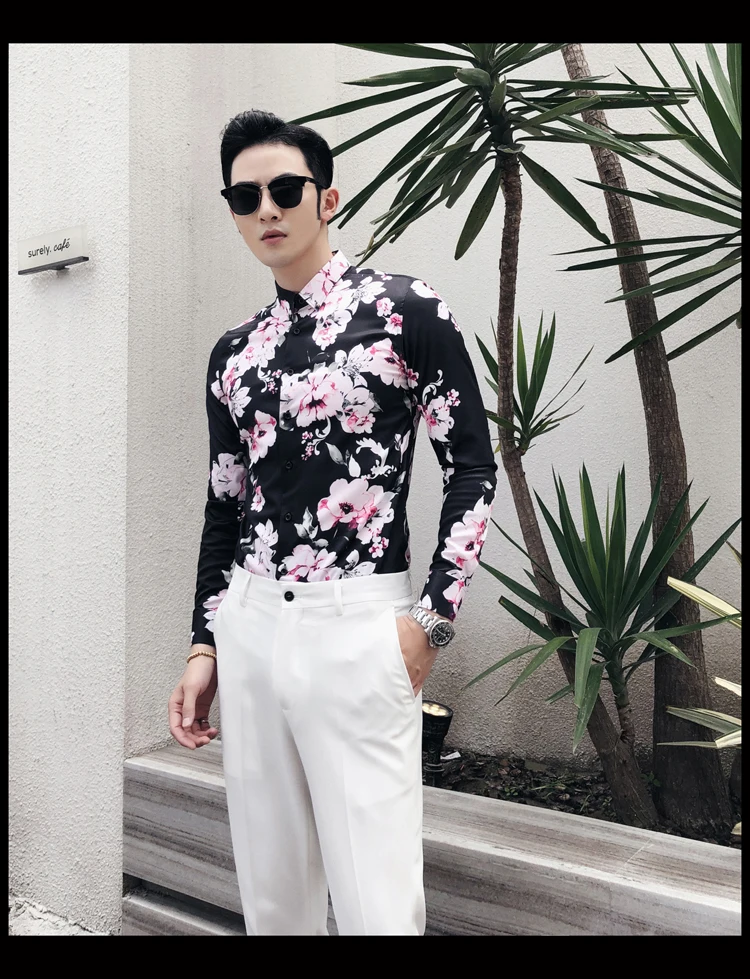 Мужские рубашки с длинными рукавами с цветочным принтом универсальны с праздничными нарядами Британская мода белый черный тонкий корейский