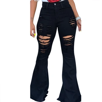 

High Waist Pocket Bell-Bottom Destroyed Jeans