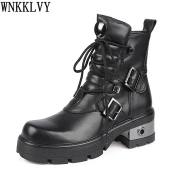 

Chunky heels Thick sole martin boots women round toe metal decor belt buckle lace up ankle botas 2020 female motorcycle boots