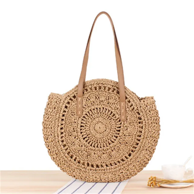 Large Capacity Round Zipper Fashionable Straw Woven Bag Handmade Summer Beach Travel Holiday Women Bags 5 loukong Brown