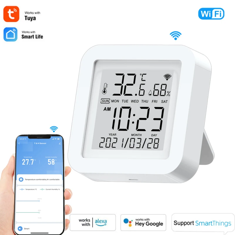 Sensor de Temperatura e Umidade Termômetro com Display Trabalhando com Alexa Assistente do Google Tuya Wifi Higrômetro Interior Lcd 5 Tuya wifi sensor de temperatura e umidade