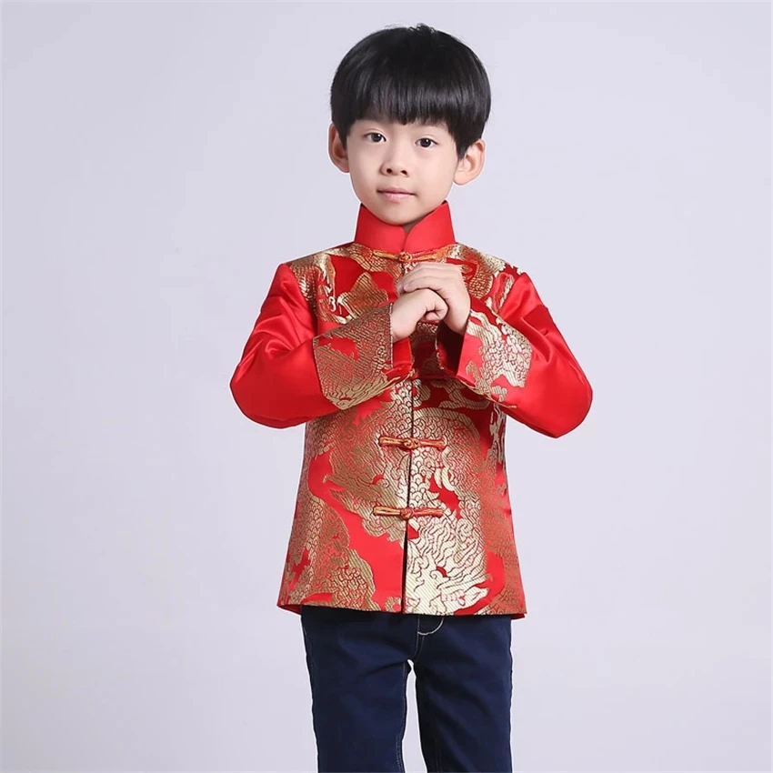 

Tang Suit Red Traditional Chinese Clothing for Men Kids Boy Hanfu Top Dragon Print Vintage Satin Kungfu Chinese Party Stage