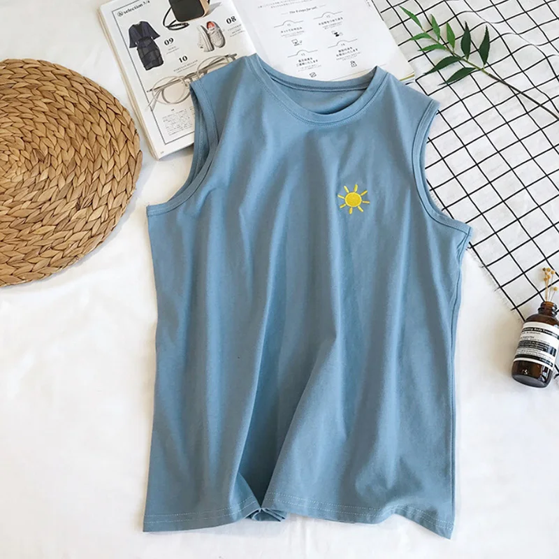 Синий Women Tank Tops Summer Clothing Fashion Casual Loose Cotton Embroidered Moon Sleeveless Vest - Цвет: Синий