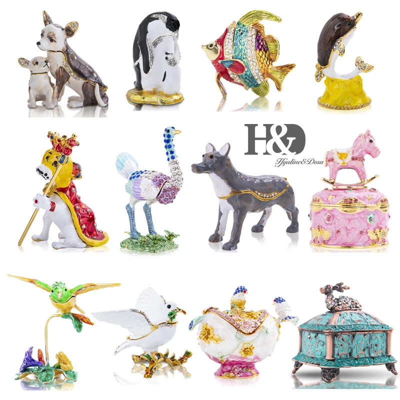 H&ampD 4 styles Hand-painted Enamel Animal Pattern Hinged Metal Trinket Box Jewelry Ring Display Collectible Christmas Decor Craft | Дом и сад
