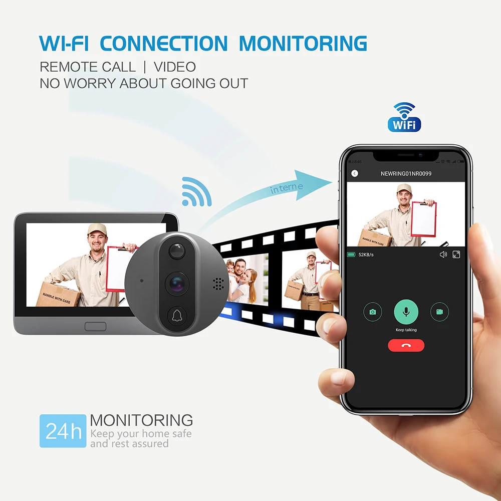 Jeatone Tuya smart WiFi door bell With 720P/110°Camera video peephole for door 4.3