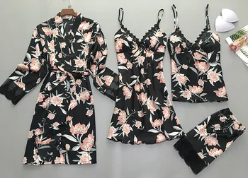 

Lady Home Wear Pajamas 4PC Strap Top Pants Suit Sleepwear Sets Woman Nightgown Sexy Kimono Sleep Robe Bath Gown Nightdress