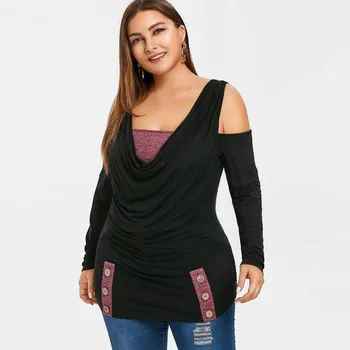 

Woman Plus Size Blouse New Sexy Two Tone Button Patchwork Open Shoulder Long Sleeve Pullover Fall Winter Fashion Casual Tops