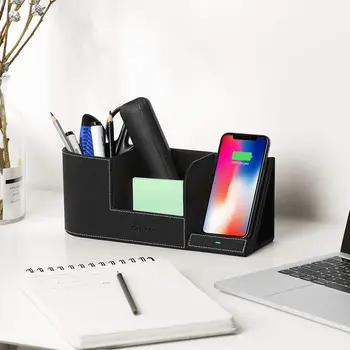 

EasyAcc 10W Fast Wireless Charger Organiser Black PU Leather iPhone 8 Plus/X Samsung S8 Plus/S9 S9-HD plus/Note8 Desk Organizer