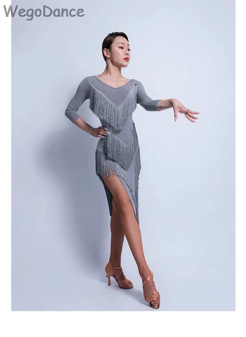 Латинское танцевальное платье для женщин с кисточками v-типа, Сетчатое танцевальное платье, цельное платье для сальсы с кисточками
