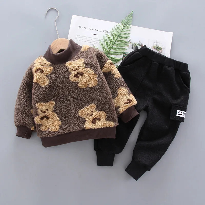 vintage Baby Clothing Set Baby boy clothes autumn and winter thickened warm suit boy girl high neck sweater cartoon cute little bear baby two-piece suit baby clothing set red	