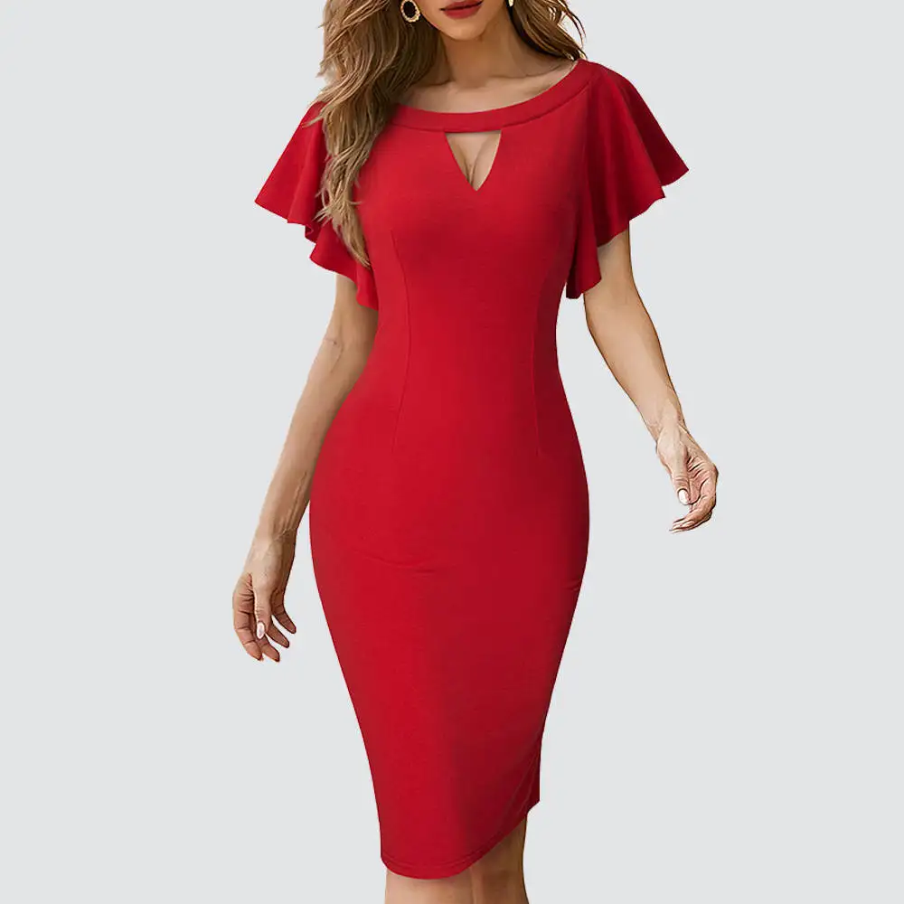 

Women Retro Elegant Round Neck Hollow Ruffle Trim Party Lady Bodycon Pencil Dress HB673