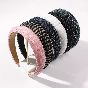 

Colorful Crystal Beads Headband for Lady Glitter Padded Bead Hair Band Bridal Wedding Bezel Boutique Baroque Wide Hair Accessory