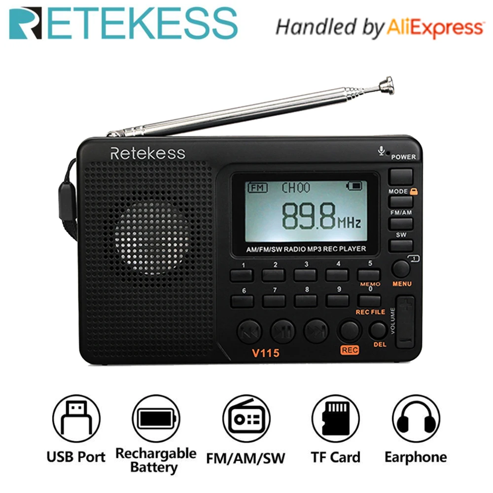 Online RETEKESS V115 Radio FM AM SW Tragbare Radio Tasche Mit USB MP3 Digital Recorder Unterstützung Micro SD TF Karte Schlaf timer Geschenk