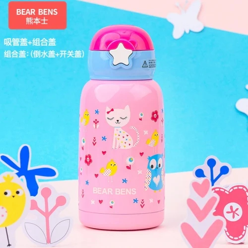 Children's Insulation Cup 316 Stainless Steel with Straw Anti-fall Kindergarten Kettle Male and Female Students Water Cup GG50SH - Color: C