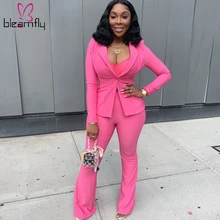 Неоновый зеленый Для женщин набор с длинным рукавом зубчатый блейзеры с воротом и штаны, комплекты из двух вещей, женские офисные наряды осень элегантный костюмы