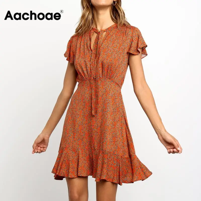 Vintage Floral Print Summer Dress Women Sexy Hollow Out Ruffle Mini Dress Elegant Short Sleeve A Line Party Dress Boho Vestido