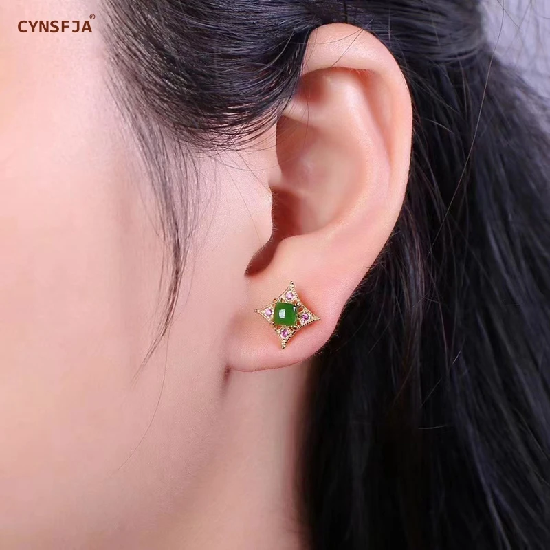 CYNSFJA New Real Certified Natural Hetian Jasper 925 Sterling Silver Handmade Amulets Green Jade Earrings high Quality Best Gift CYNSFJA New Real Certified Natural Hetian Jasper 925 Sterling Silver Handmade Amulets Green Jade Earrings high Quality Best Gift
