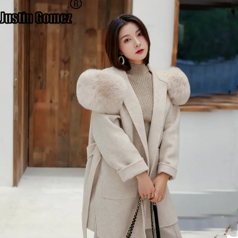 Новое поступление,, кашемировое пальто с капюшоном из натурального меха размера плюс, шерстяное пальто для женщин с поясом