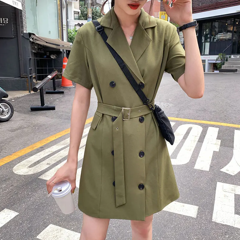 2 цвета летнее платье корейский шик стиль винтажное платье женское свободное одноцветное двубортное мини-платье женское(X1008
