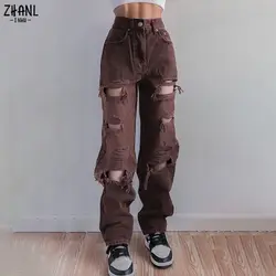 Brown rasgado vintage mulher afligido jeans streetwear buraco hip hop calças de cintura alta moda reta calças jeans senhoras