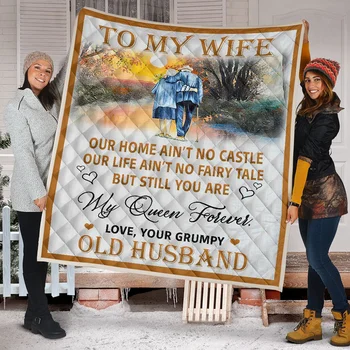 

Economical To My Wife Blanket Letter Printed Diamond Stitched Pattern Cotton Filling Blanket Thin Style Quilt ds99