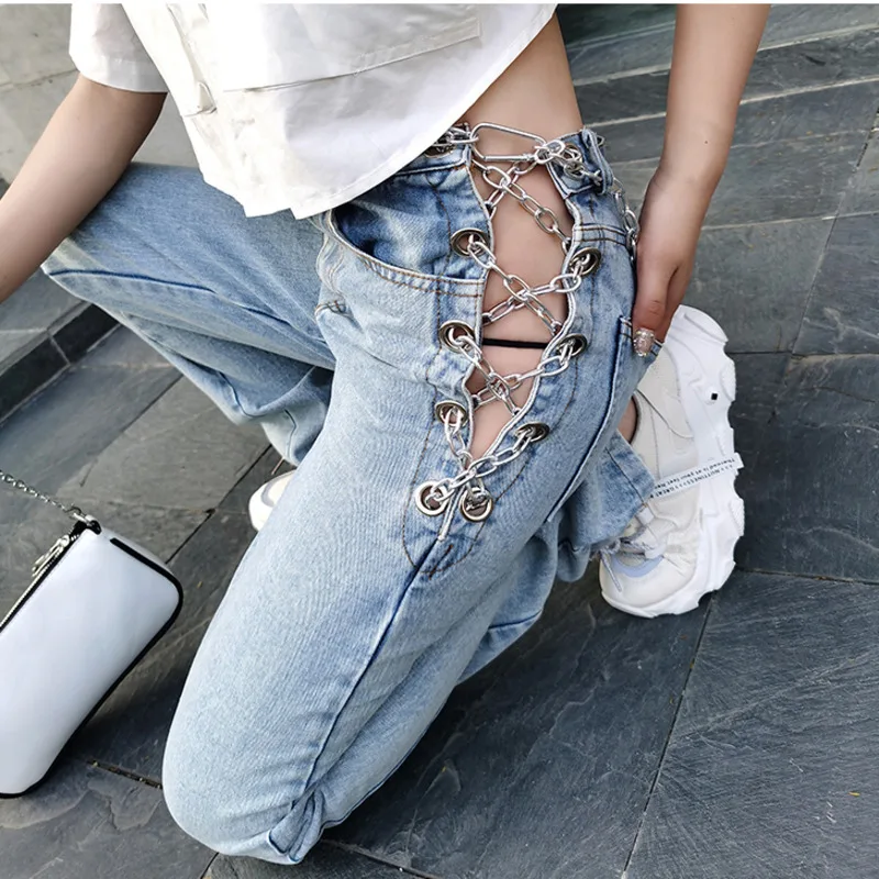 Vintage Sexy Delle Donne Diritte Dei Jeans Catena Laterale Scava Fuori A  Vita Alta In Denim Dei Pantaloni 2020 di Modo della Donna Pantaloni|Jeans|  - AliExpress