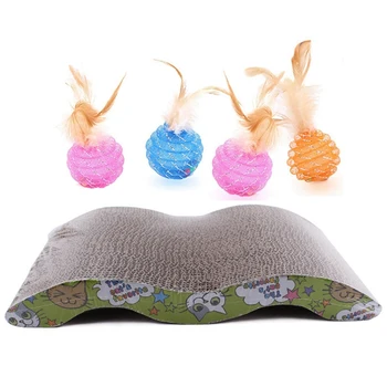 

43X21cm Cat Scratcher Corrugated Scratching Board Pad with 4 Pcs Interactive Cat Ball Toys