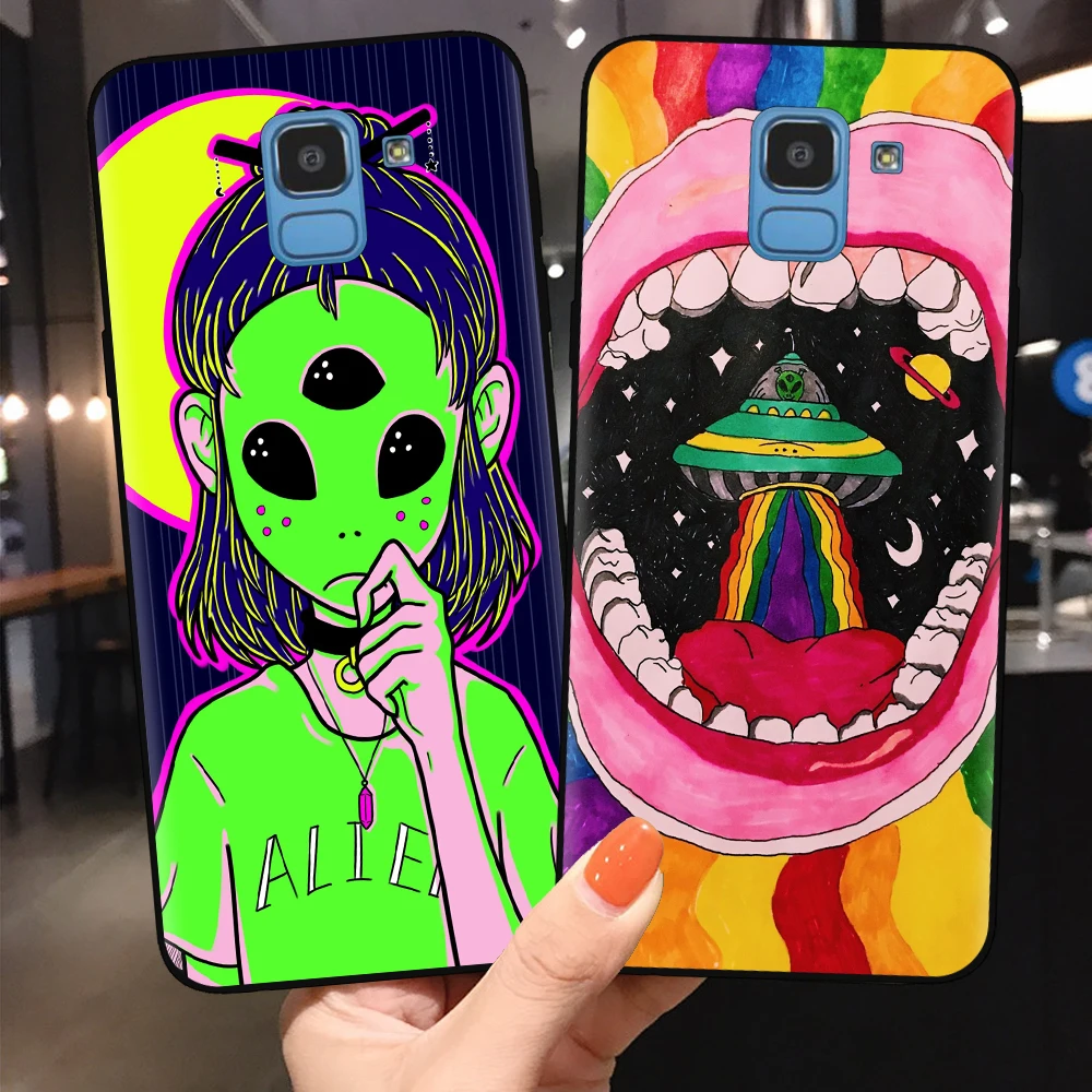 Aesthetics Cute Cartoon alien space Black TPU Soft Phone Case for Samsung J3 J5 J7 2017 J4 J6 Plus 2018 Note 10 Pro Lite Cover | Мобильные