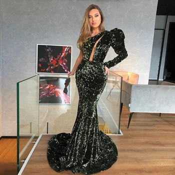 

Celebrity Same Style Fancy One Shoulder Cut Ourt Sequin Bling Mermaid Court Train Evening Dress