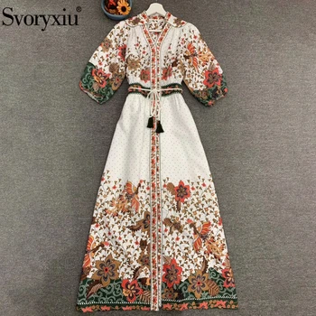 

Svoryxiu Runway Designer Summer Female Bohemian Vacation Dresses Women Multicolor Floral Print Drawstring Waist Long Dresses